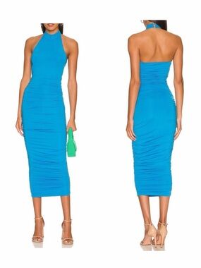 NWT REVOLVE Superdown Sleeveless Halter Ruched Bodycon Dress in Bright Blue XS